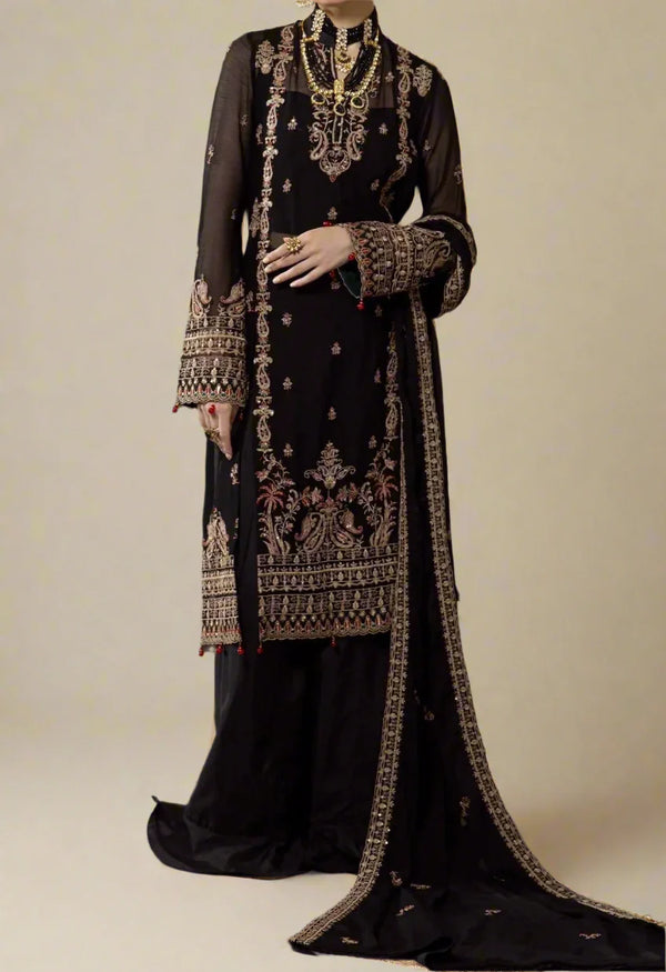 Rich Black- embroidered chiffon unstitched 3Pc Suit