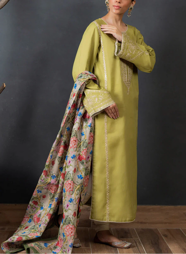 Grace Z-(W606)- Stitched Embroidered 3pc Marina Dress With Printed Shawl.