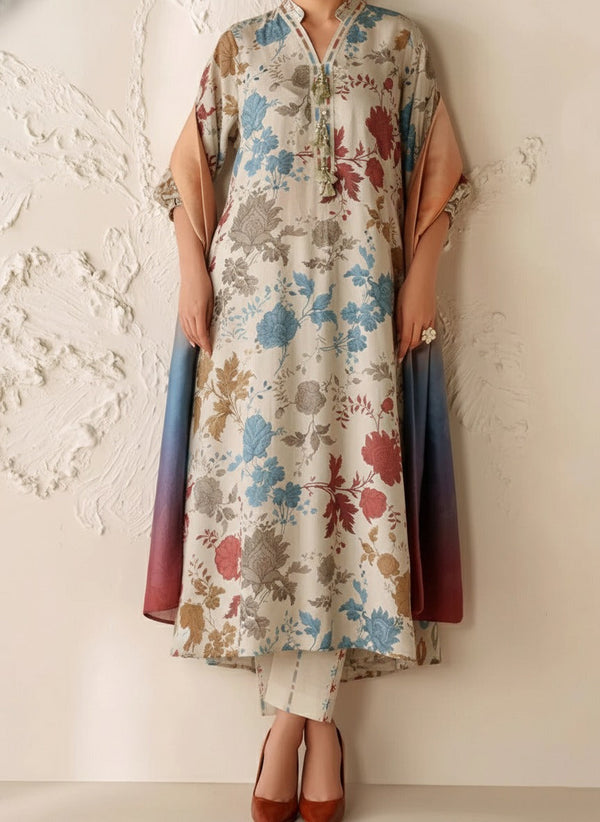 Grace W781 - Digital Printed 3pc Karandi Dress With Digital Printed Karandi Shawl.