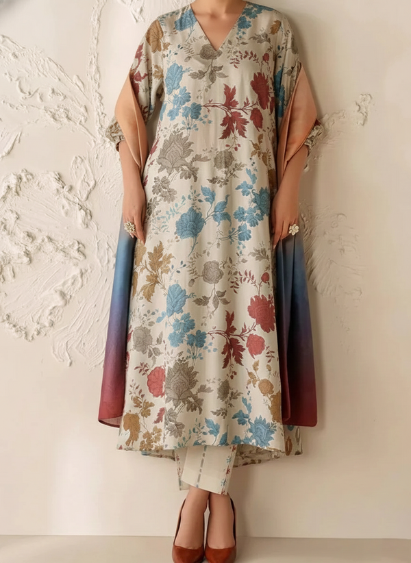 Grace W781 - Digital Printed 3pc Karandi Dress With Digital Printed Karandi Shawl.